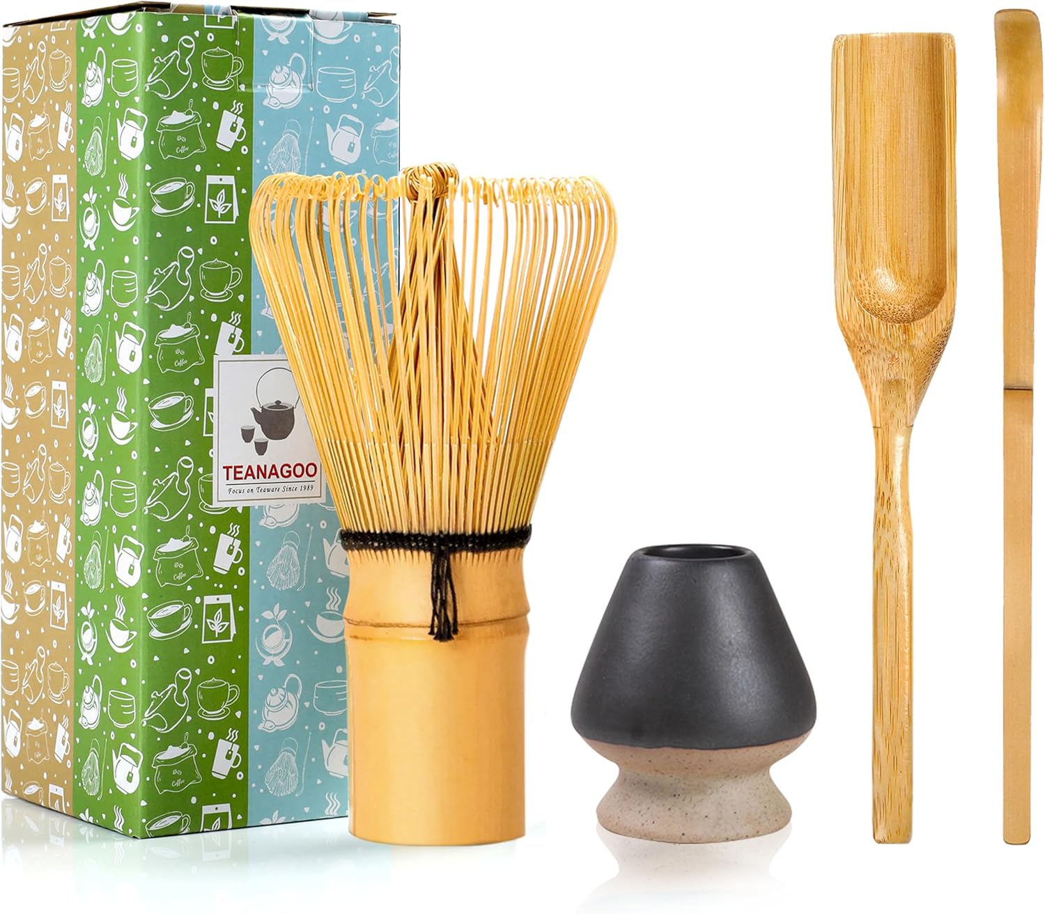 TEANAGOO Matcha Set, Bamboo Whisk (Chasen), Matte Black Whisk Holder, Traditiona...