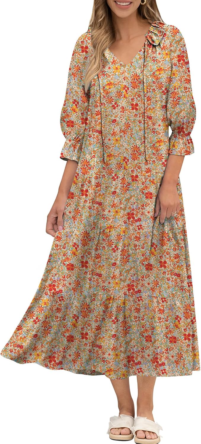 ANRABESS Women Boho Floral Maxi Dresses Summer Puff Sleeve V Neck Beach Swing Ca...