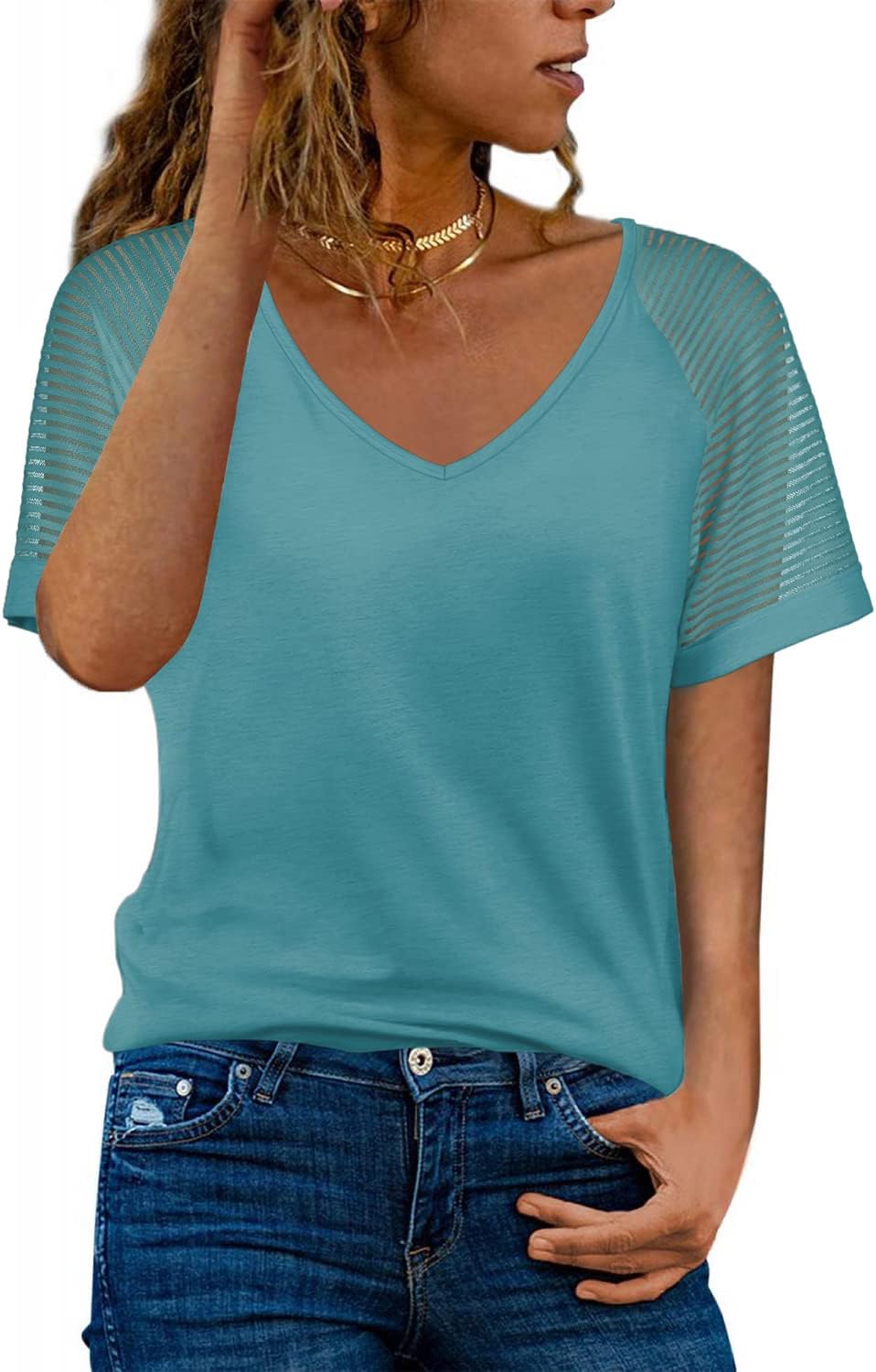WEESO Casual T Shirts for Women V Neck Mesh Short Sleeve Summer Tops Loose Fit D...