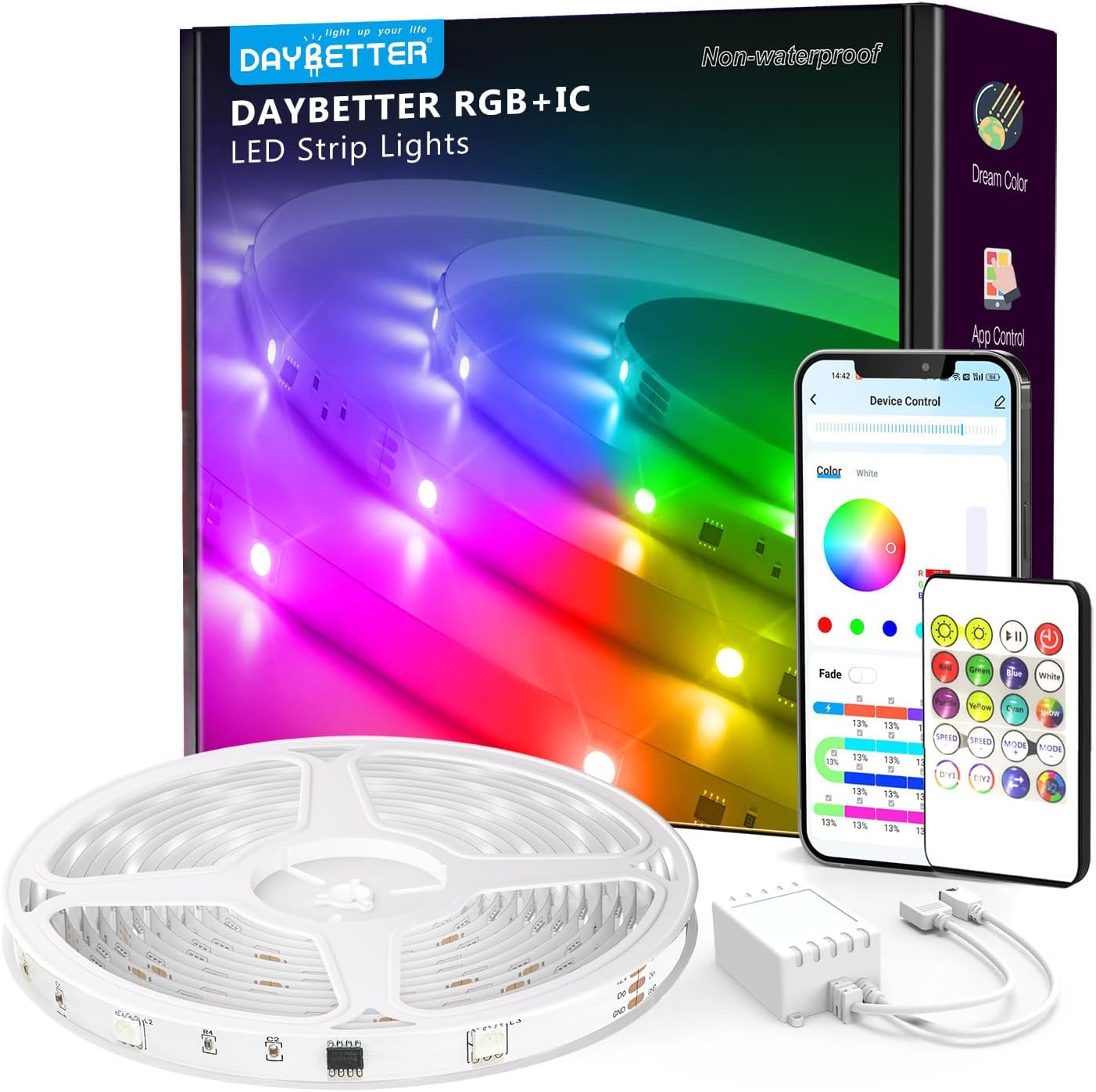 DAYBETTER 100ft Smart IC LED Strip Lights, BGRIC LED Lights for Bedroom, DIY Mul...