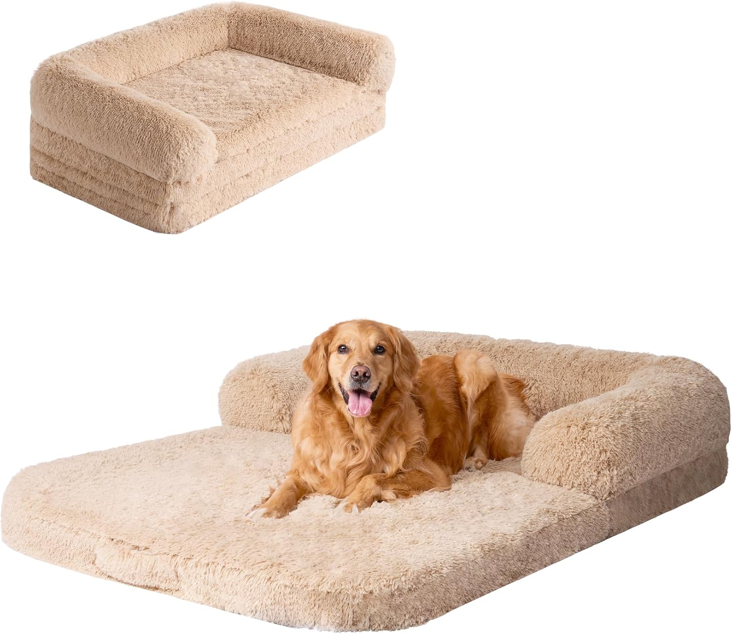 EHEYCIGA XXL Foldable Faux Fur Fluffy Dog Bed, Orthopedic Calming Memory Foam Bi...