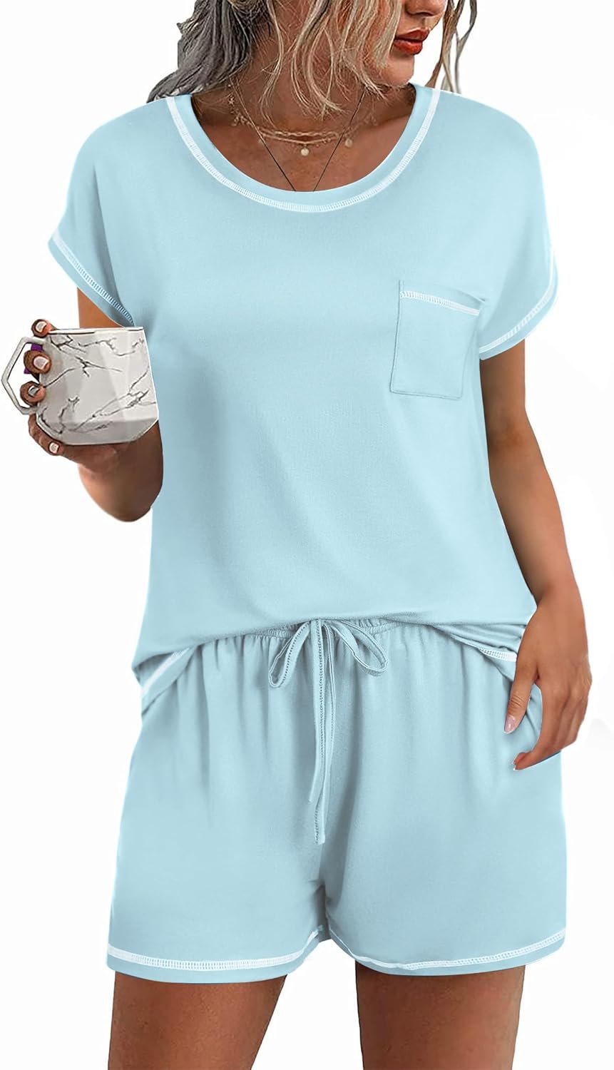 Ekouaer Womens Pajama Sets 2 Piece Soft Short Sleeve Top and Shorts Sleepwear Ro...
