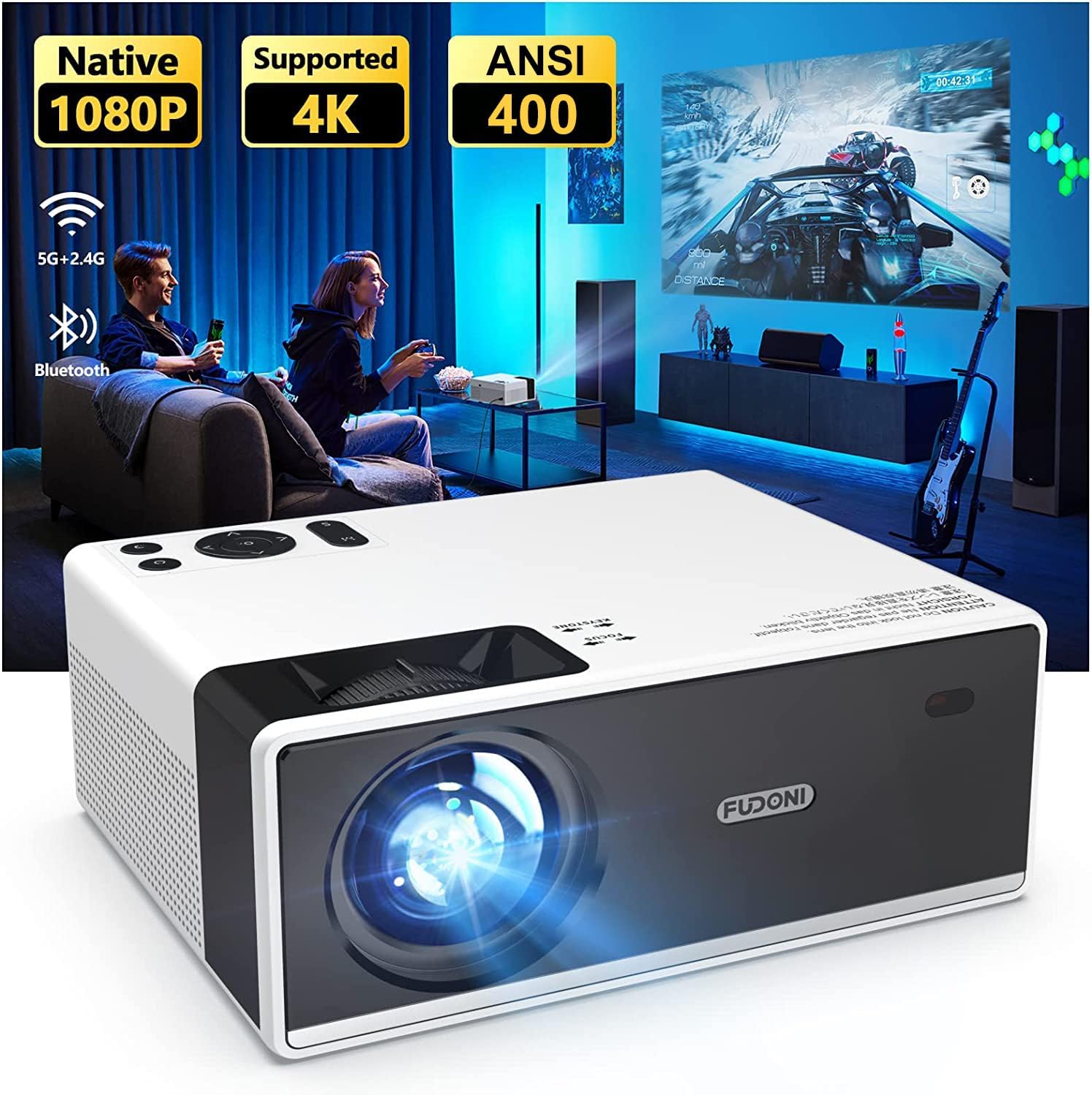 FUDONI Projector with WiFi and Bluetooth, Outdoor Portable 4K Support Projector...