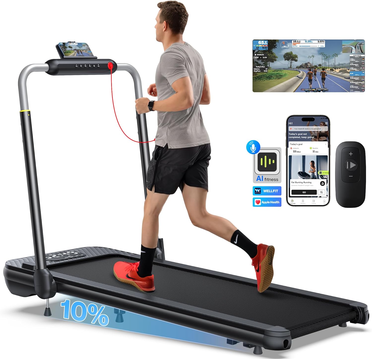 WELLFIT Walking Pad Treadmill with 10% Incline & 265 lbs/340 lbs Capacity,40 dB...