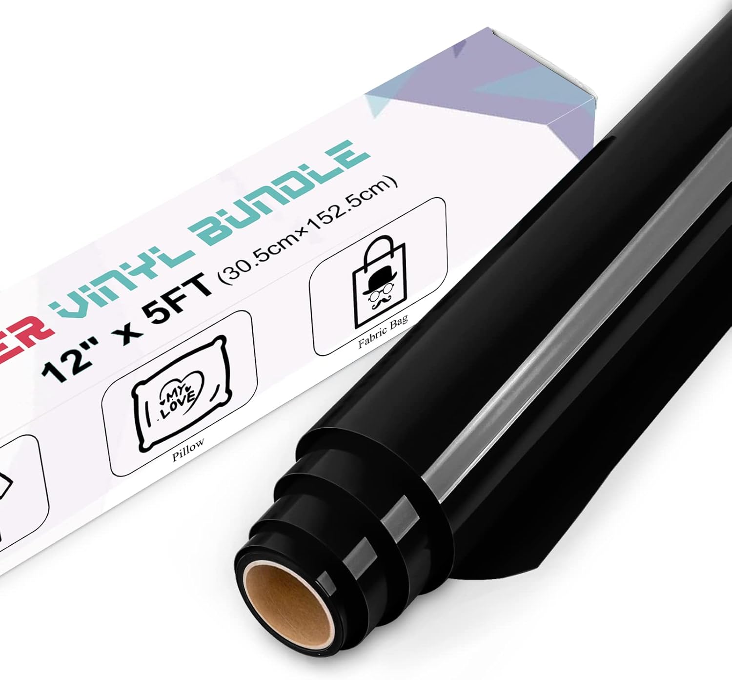 IModeur Black Heat Transfer Vinyl — 30.5 x 152.5 cm(12'' x 5 Ft) Iron on Vinyl f...