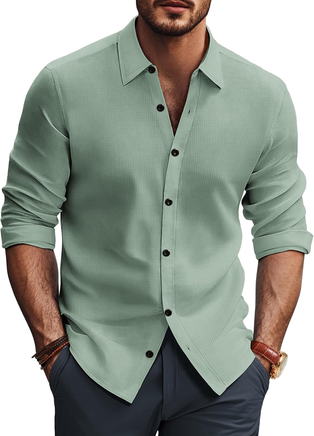 PJ PAUL JONES Mens Long Sleeve Button Down Shirts Wrinkle Free Stretch Untucked...