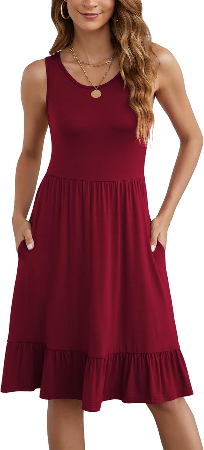 LILBETTER Women's Round Neck Summer Sundresses Casual Pleated Ruffle Hem Knee Le...
