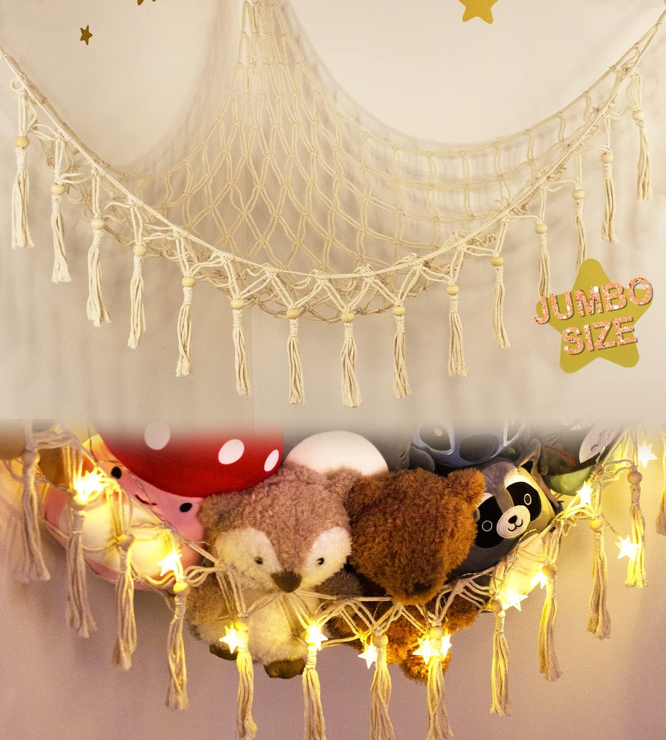 Stuffed Animal Toy Storage Hammock with LED Light-Macrame Jumbo Doll Room Corner...
