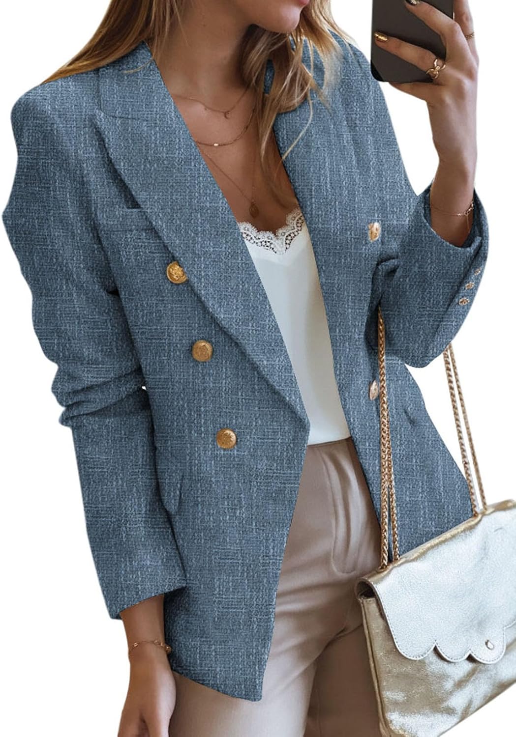 Happy Sailed Womens Tweed Blazers Casual Long Sleeve Double Breasted Open Front...