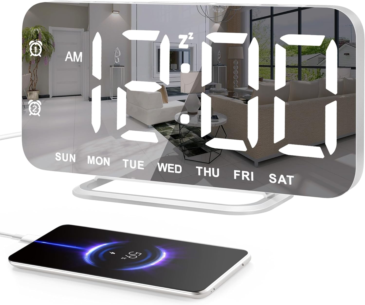 Slim LED Digital Alarm Clock, Mirror Surface for Makeup, with Diming, Large Disp...