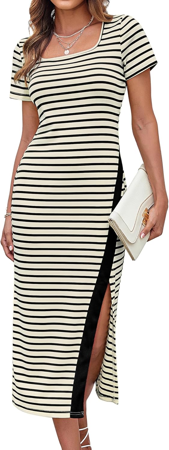 GRACE KARIN Women's 2025 Summer Striped Bodycon Dresses Casual Short Sleeve Squa...