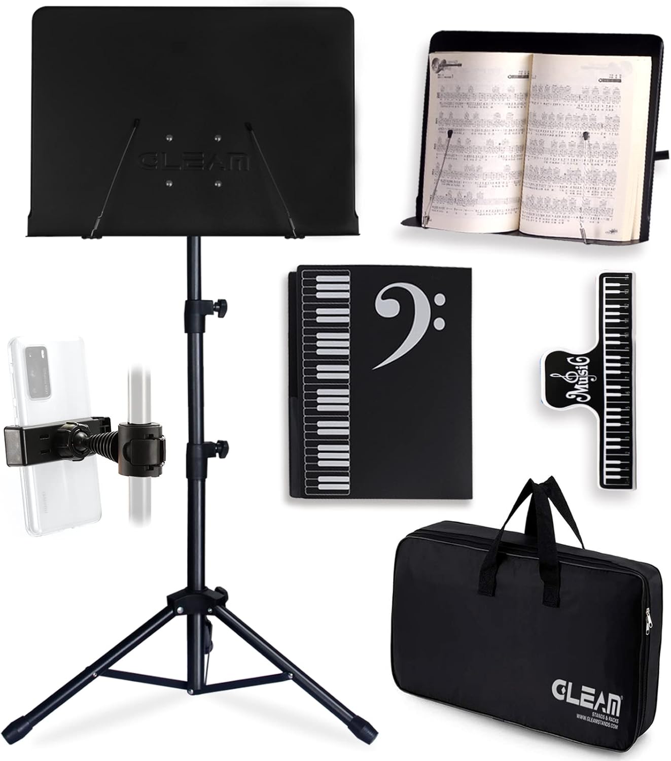 GLEAM Sheet Music Stand - Full Metal with Carrying Bag, Phone Holder, Sheet Musi...