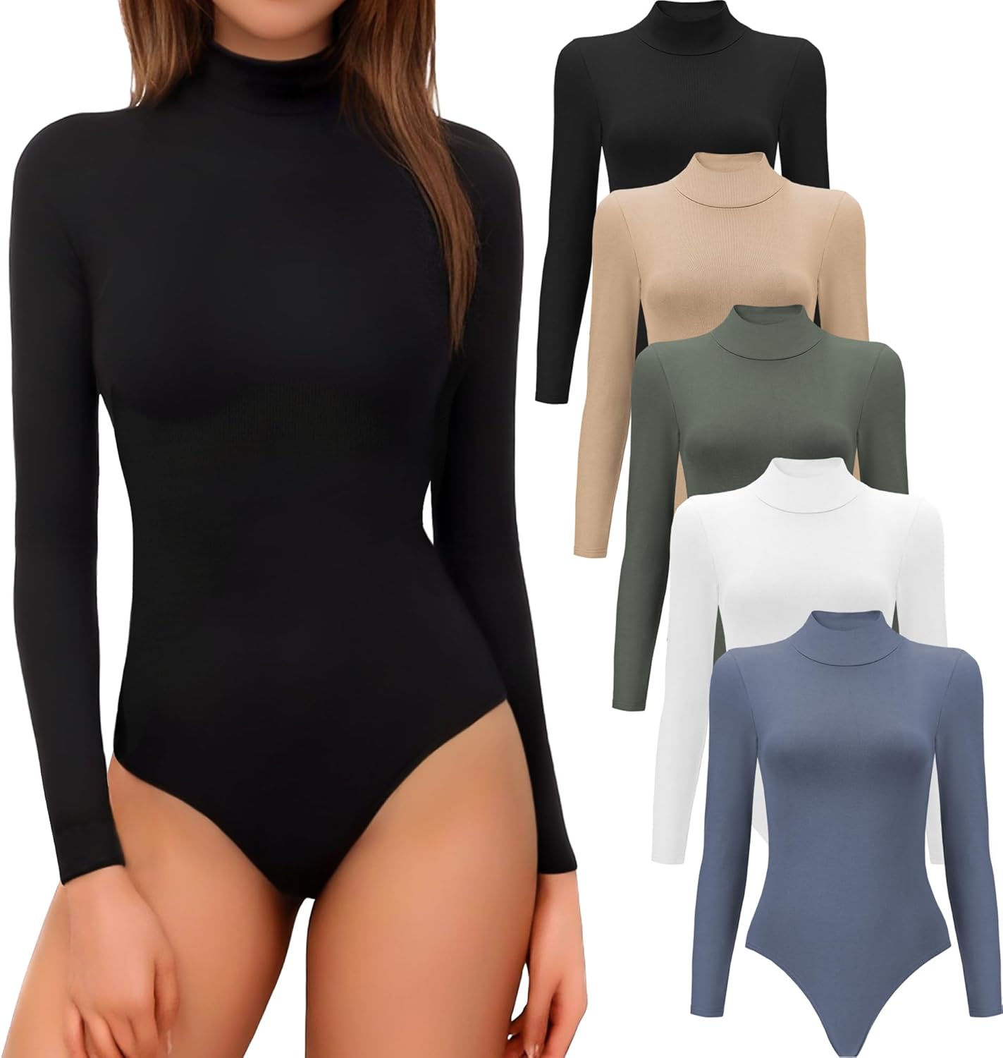 4/5 Pack Long Sleeve Bodysuit for Women Mock Turtleneck Casual Basic Stretchy Bo...