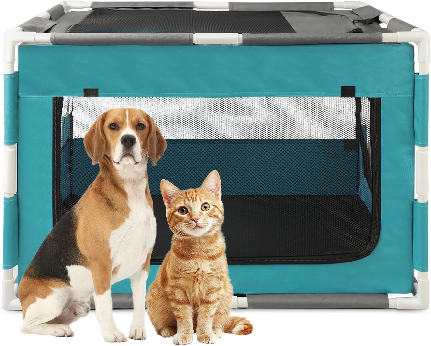 Dog Playpen with PVC Pipe Frame, Rectangular Fabric Mesh Dog Kennel for Indoor/O...