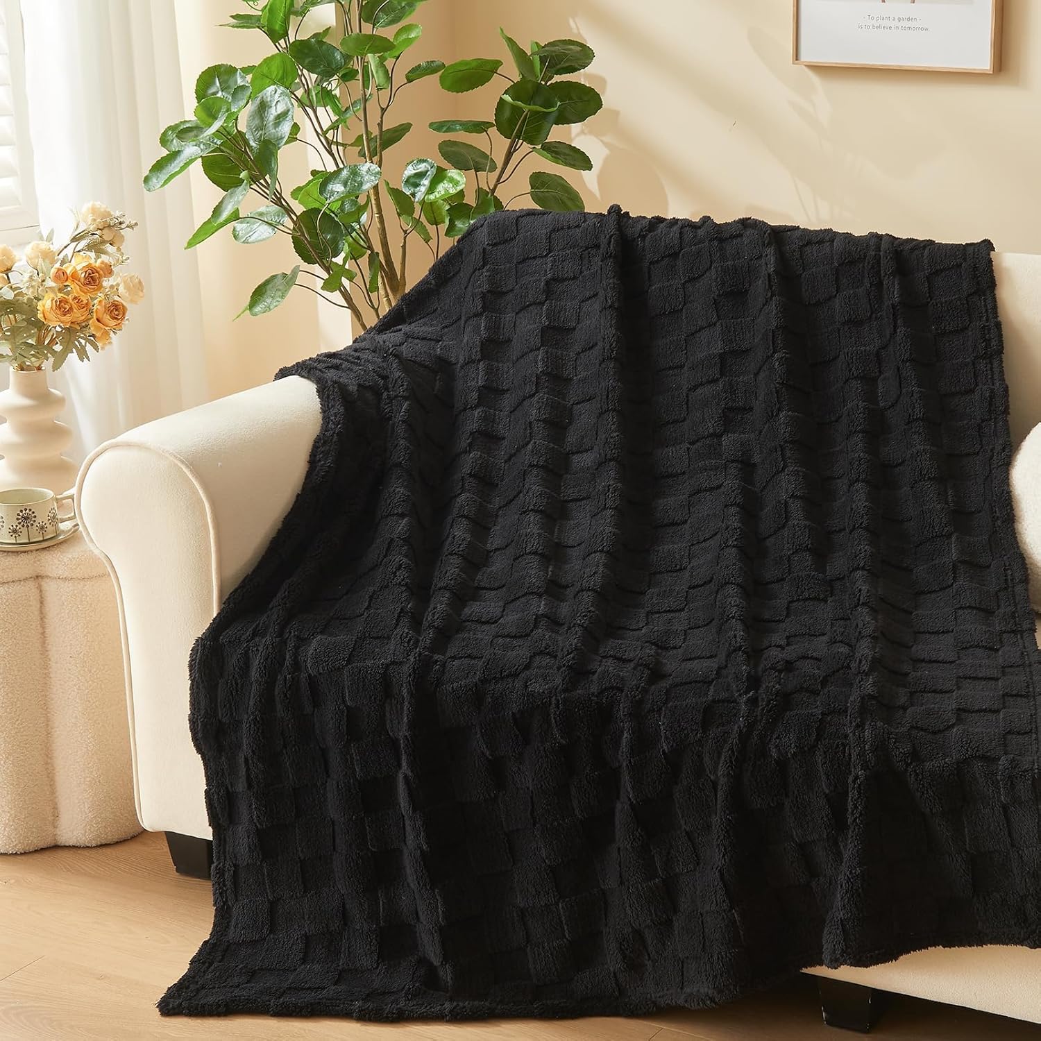 NEWCOSPLAY Super Soft Twin Blanket Black Premium Silky Flannel Fleece 3D Checker...