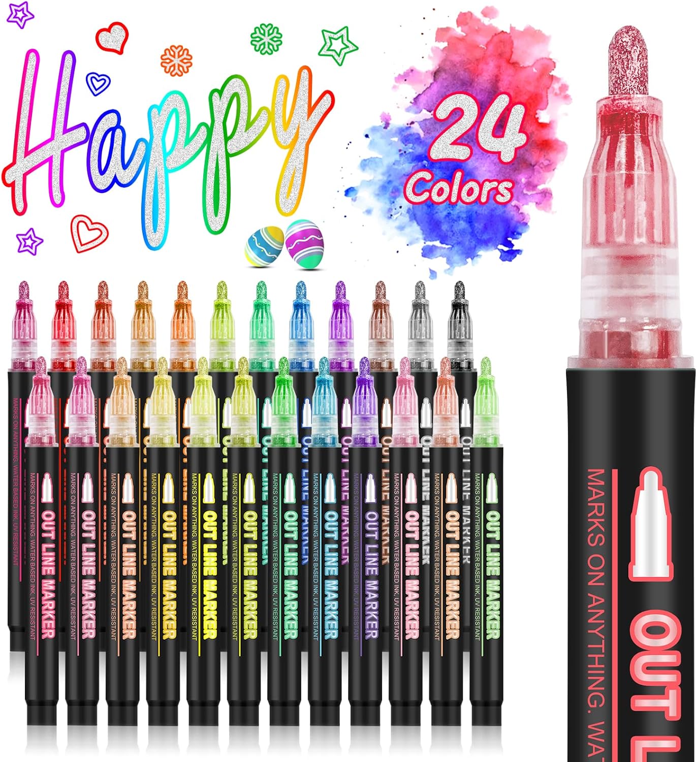 24-Color Metallic Outline Markers for Kids - Double Line Glitter Pens for Drawin...