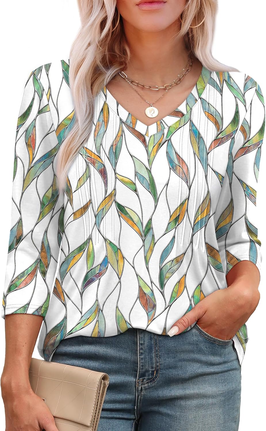 WEESO 3/4 Length Sleeve Shirts for Womens Pleated Summer Tops 2025 V Neck Loose...