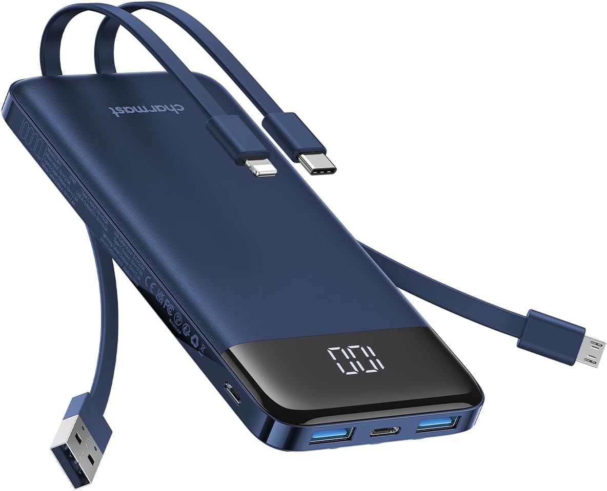 Charmast Portable Charger with Built in Cables, 10000mAh Slim Power Bank, 15W US...