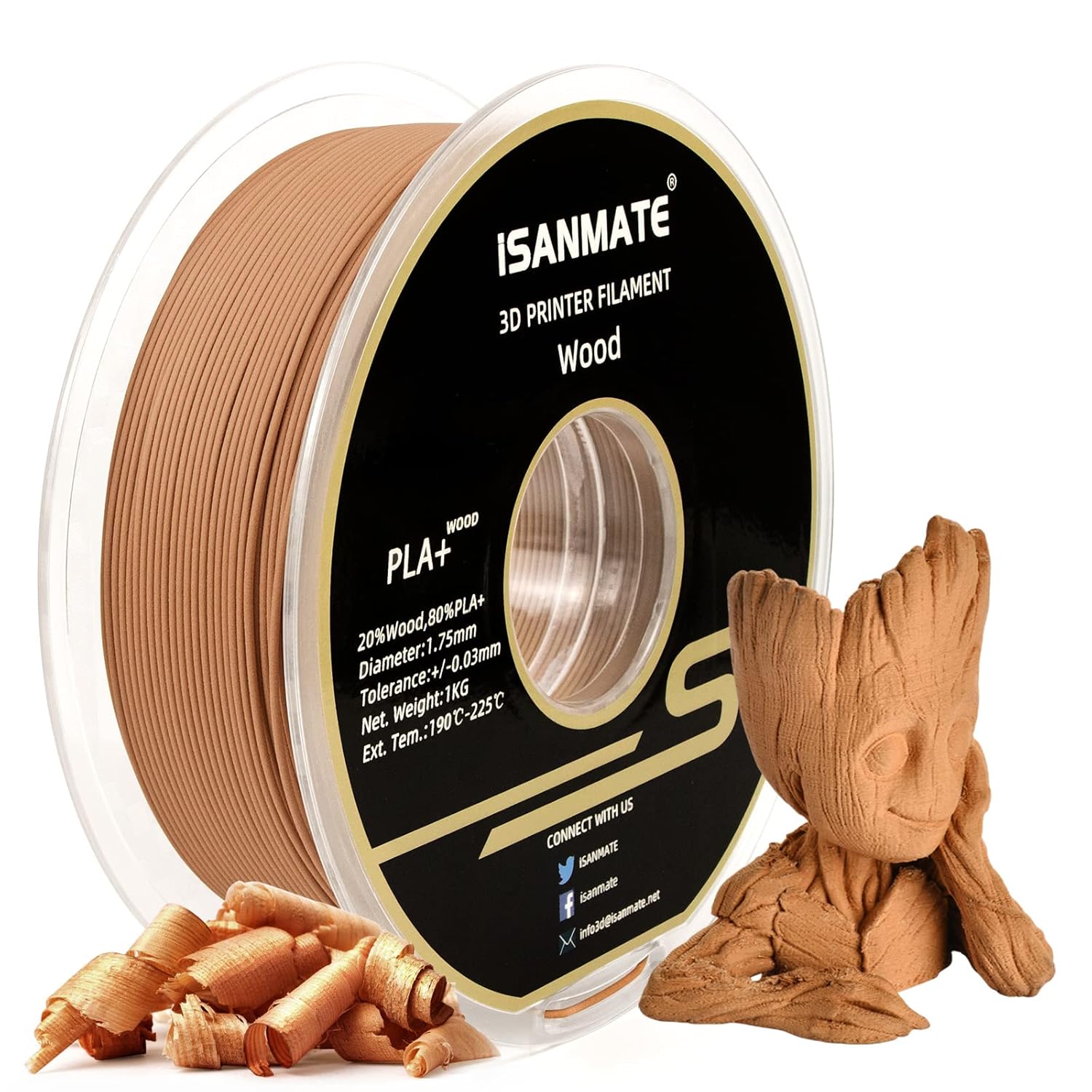 iSANMATE 3D Printer Filament Wood PLA+, Yellow Pear PLA+ Wood Filament 1.75mm, 1...