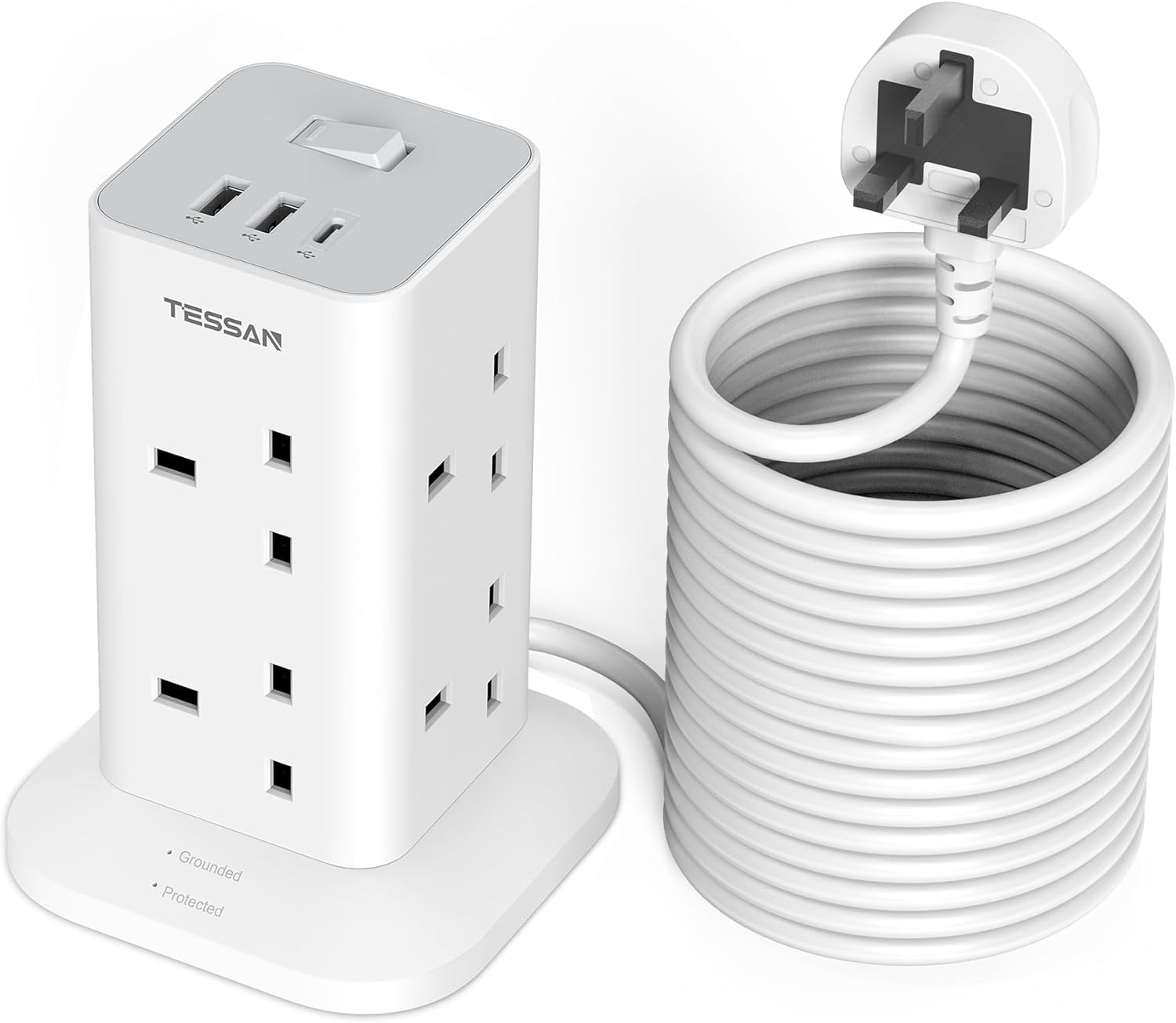 Tower Extension Lead 10M with USB C Slots, TESSAN 8 Way Multi Plug Extension Soc...