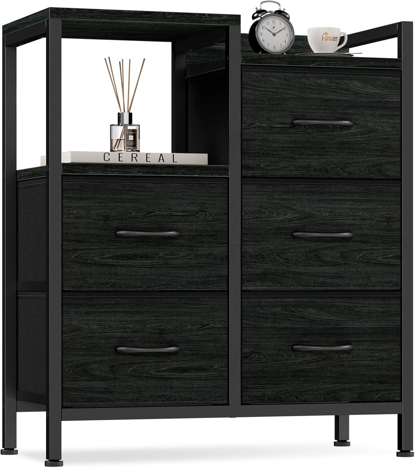 Furnulem 5 Drawer Black Dressers for Bedroom 2 Tier Shelf Storage Small Fabric D...