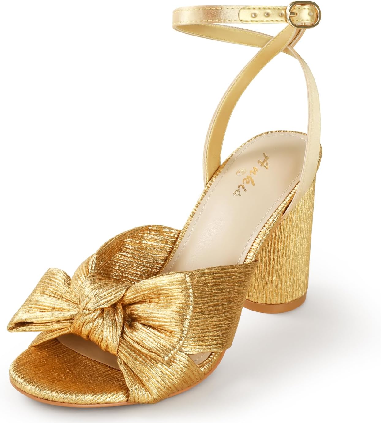 Ankis White Gold Bow Heel Chunky Wedding Shoes for Bride 3.15 Inch High Heel Ope...