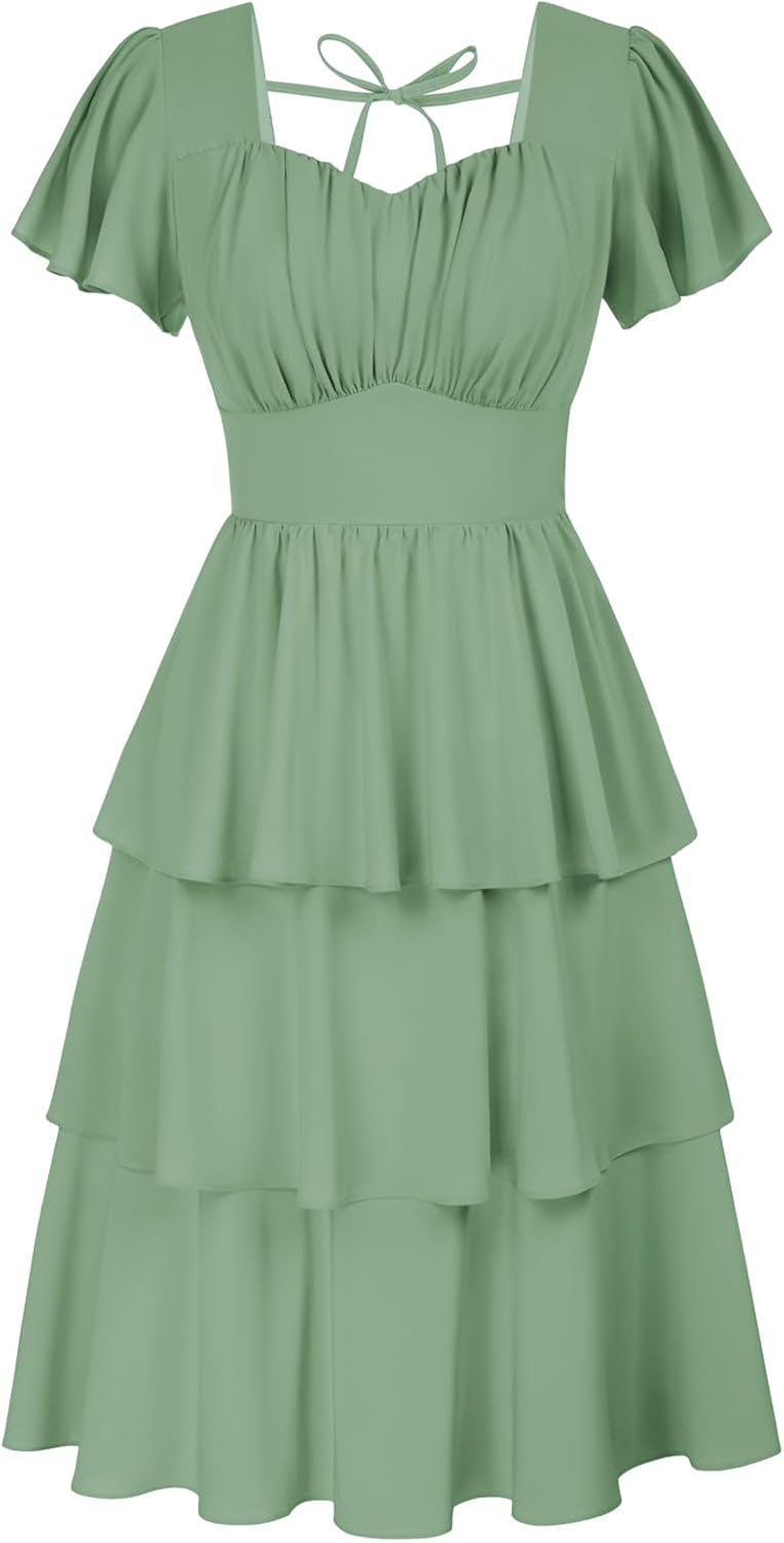 Belle Poque Women's Square Neck Tiered Ruffle Dress 2025 Summer Vintage Short Sl...