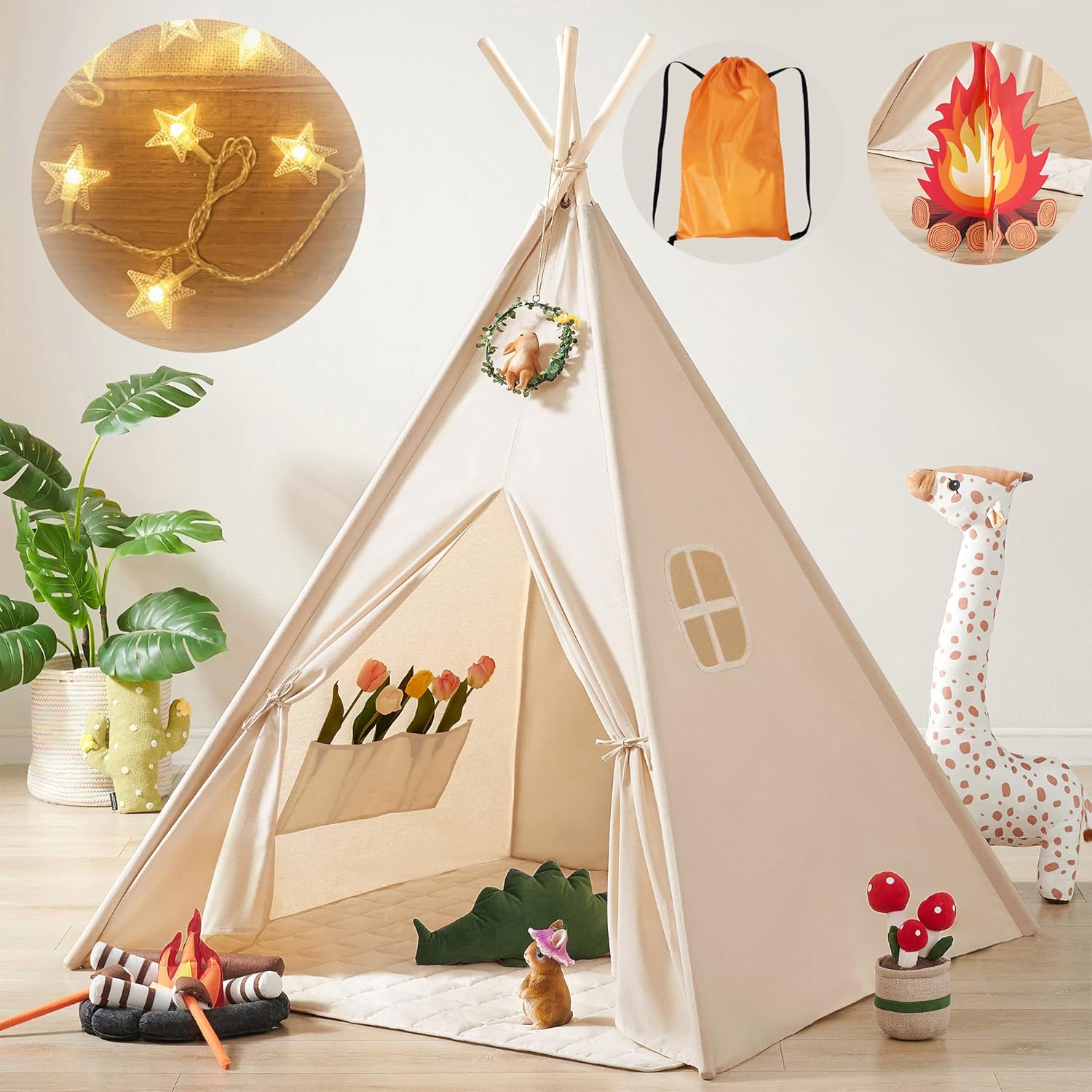 Tiny Land Kids-Teepee-Tent with Lights & Campfire Toy & Carry Case, Natural Cott...