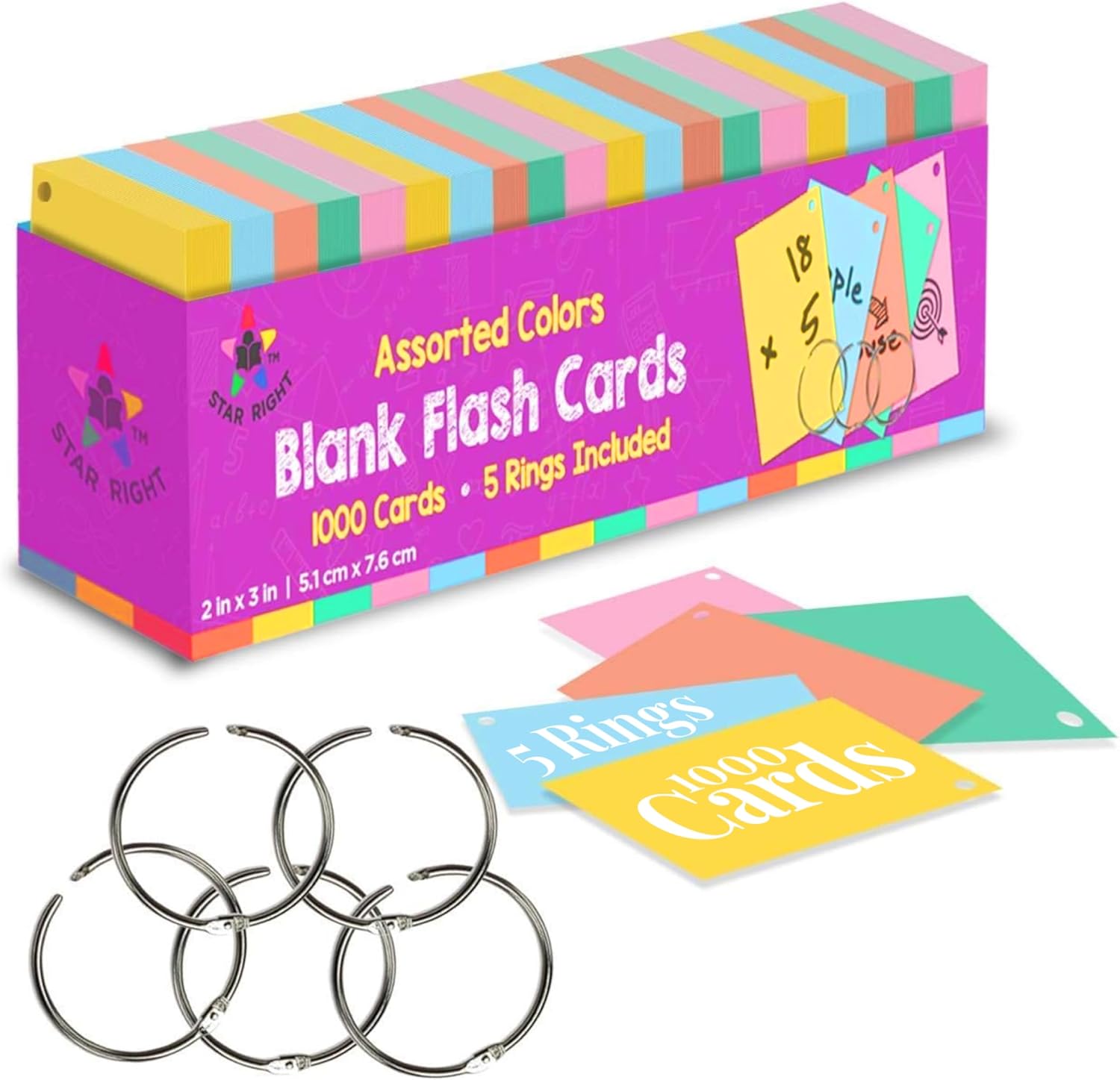 Star Right Assorted Colored Blank Flash Cards - Note Cards with Rings - 2"x3" Bl...