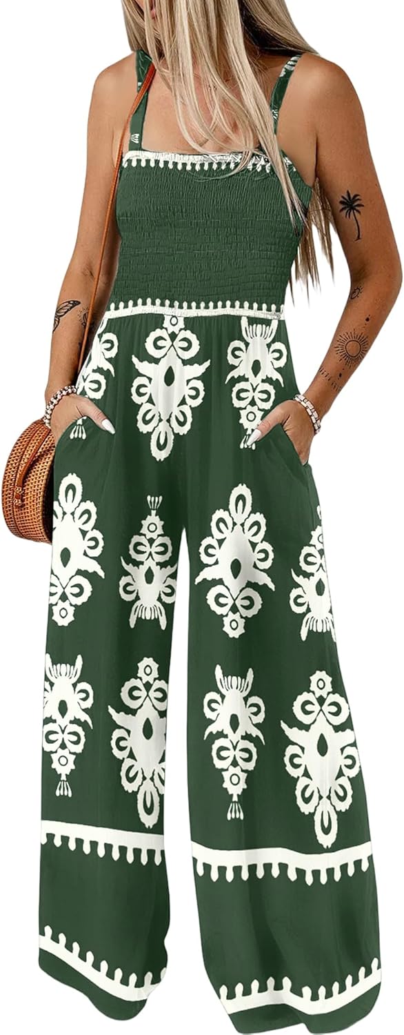 Bsubseach Women Boho Jumpsuits Sleeveless Floral Print High Waist Wide Leg Overa...
