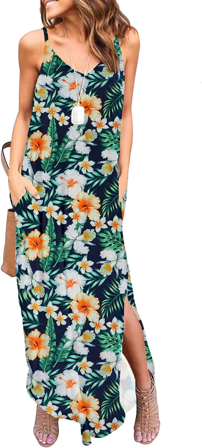 HUSKARY Women's Summer Casual Sleeveless V Neck Strappy Split Loose Dress Beach...