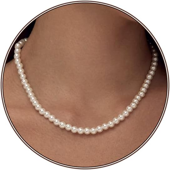Zeffy Pearl Necklace 6MM/8MM Dainty Round Imitation Pearl Choker Necklace Weddin...