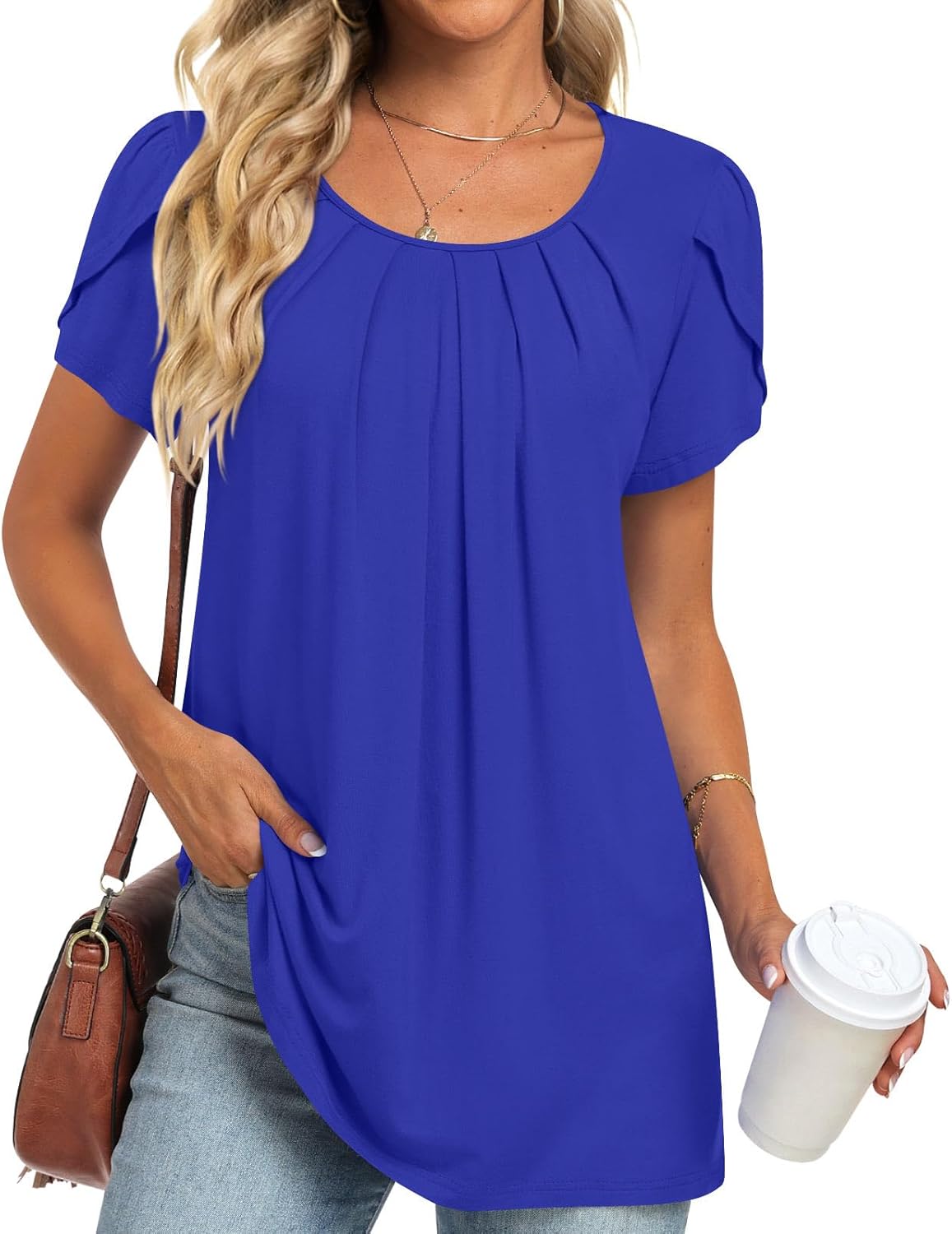Anymeet Womens Tops 2025 Spring Summer Tunic Short Sleeve Casual Shirts Pleated...