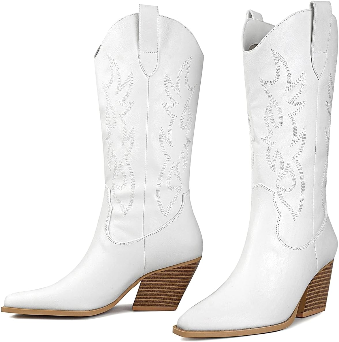 Mostrin Cowgirl Cowboy Boots Square Toe Mid-Calf Boot Chunky Block Heeled Pull O...