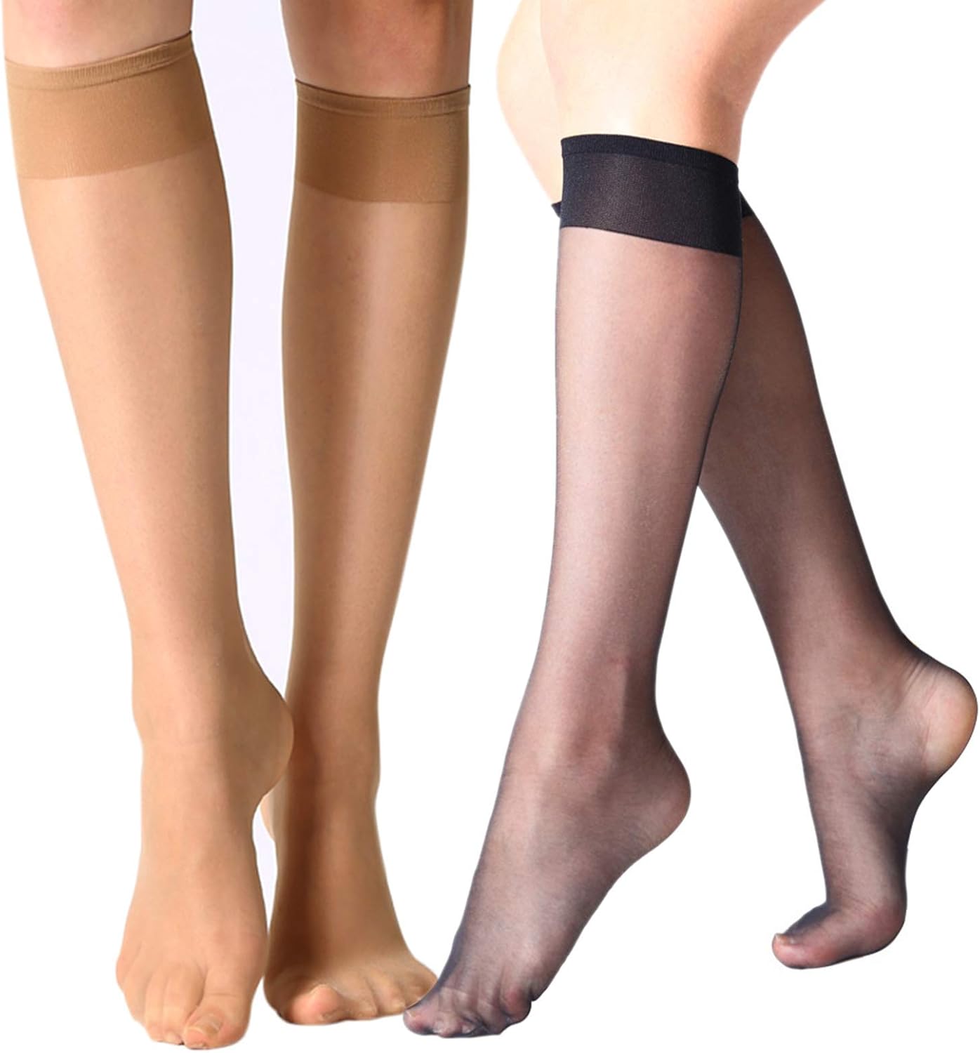 MANZI 12 Pairs Lady's Sheer Knee High Stockings for Women One Size Black and Nat...