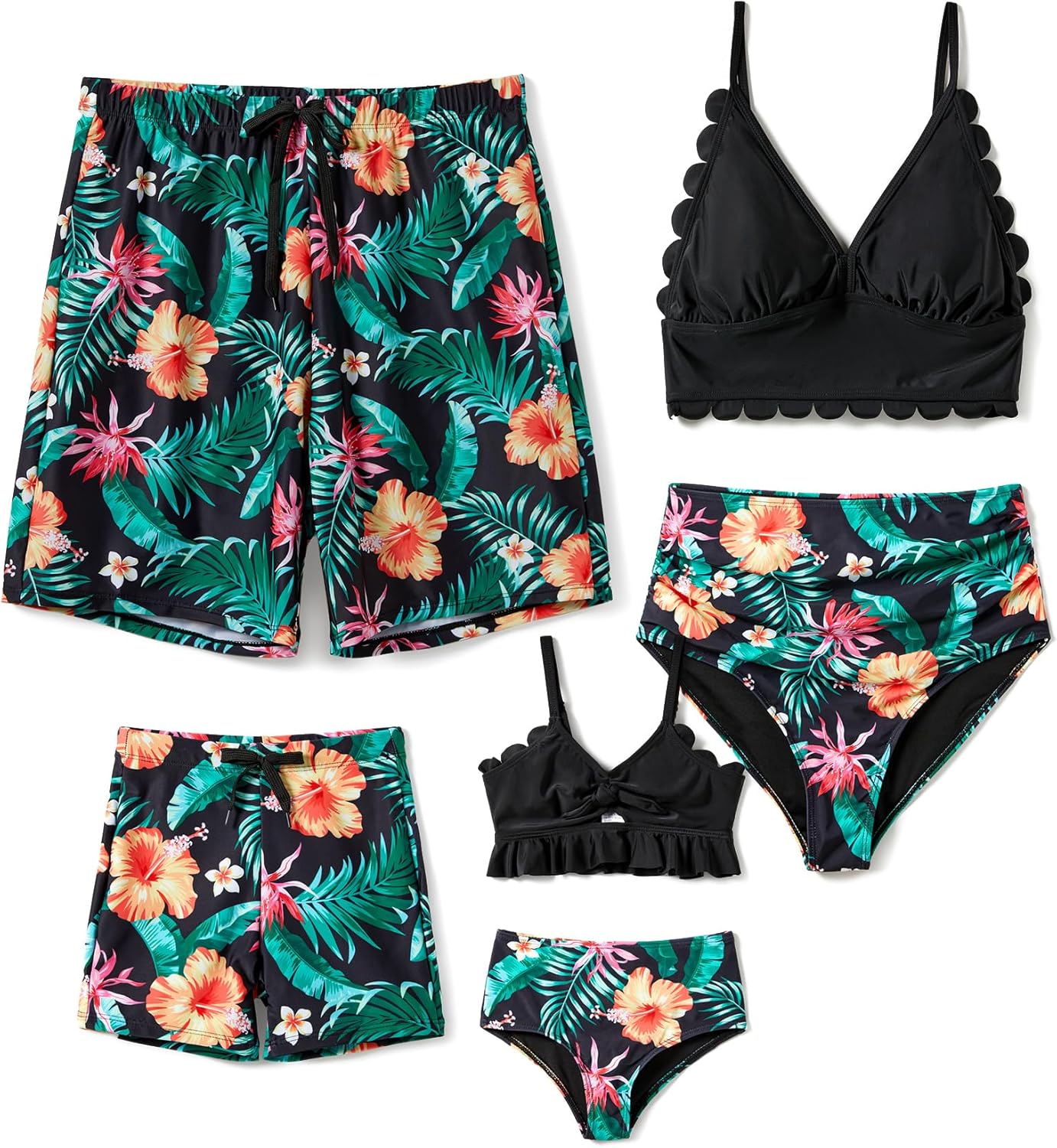 Family Matching Solid Scallop Trim Strappy Two-Piece Swimsuit and Allover Floral...
