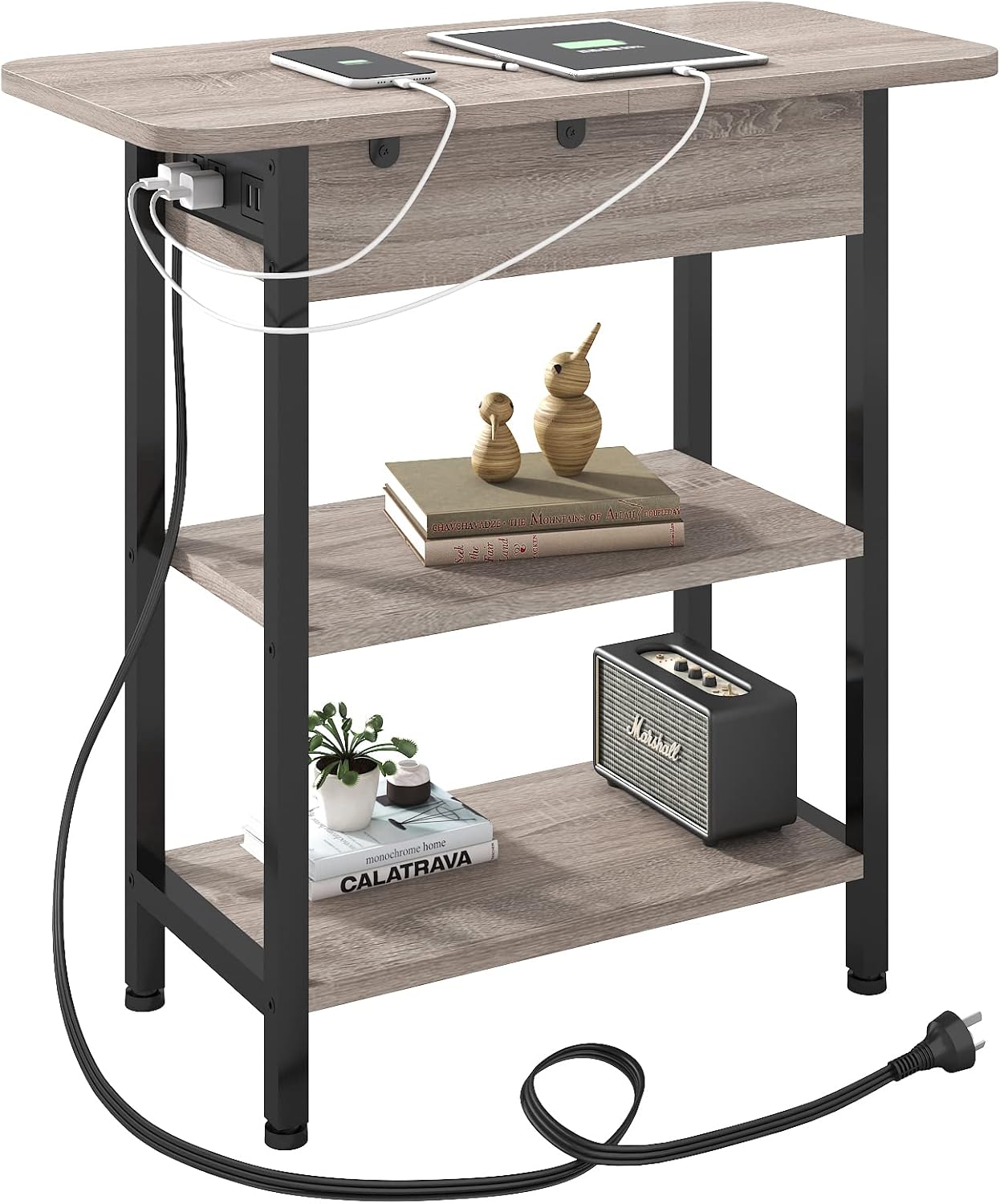 LIDYUK End Table with Charging Station, Flip Top Side Table with USB Ports and O...