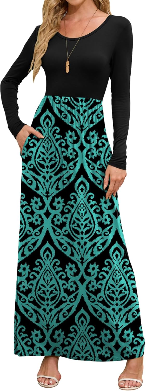 DEARCASE Women's Maxi Dress Long Sleeve Crewneck Loose Plain Casual Empire Waist...