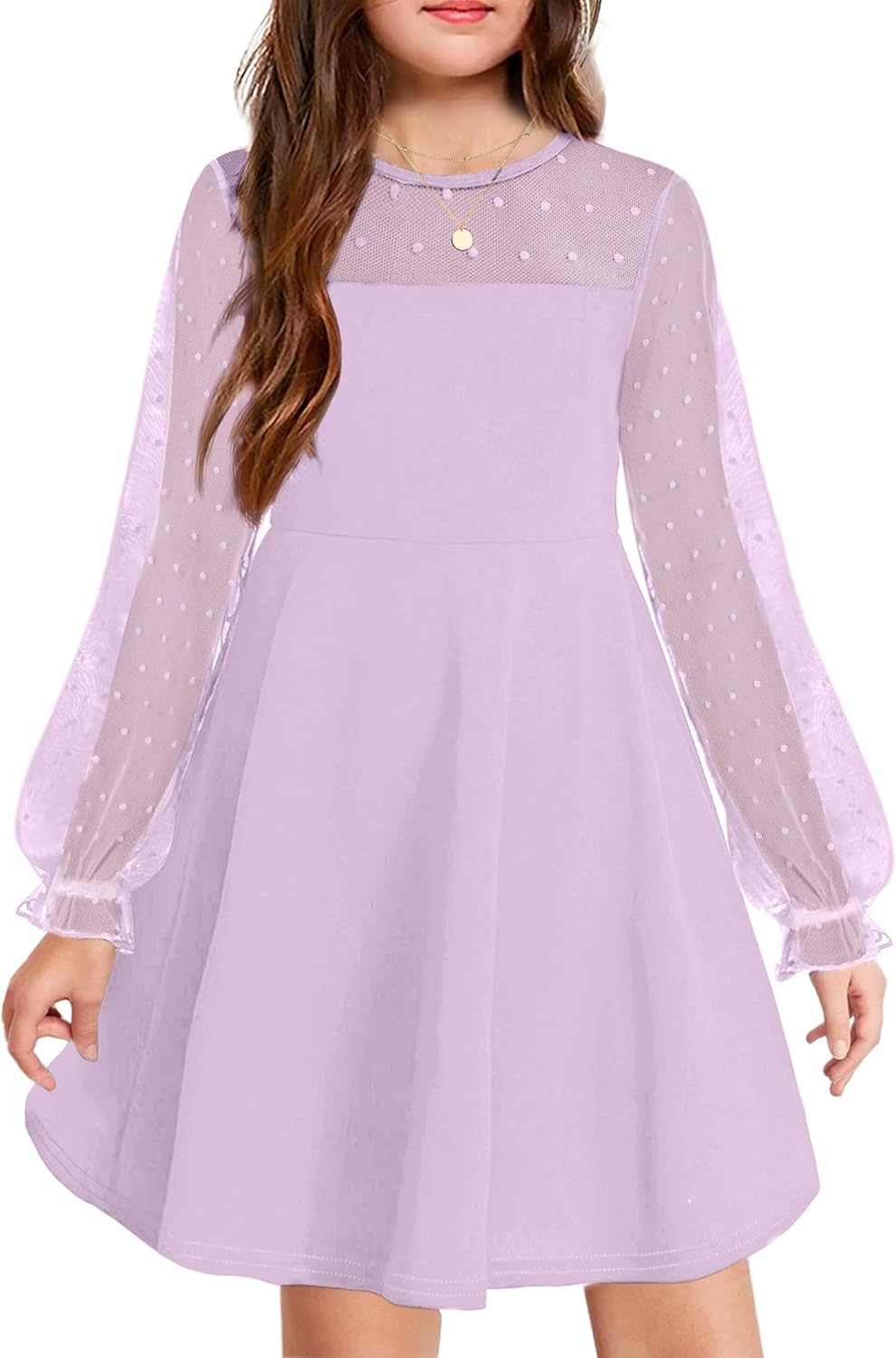 Arshiner Girl's Contrast Mesh Puff Long Sleeve High Waist A Line Princess Skater...