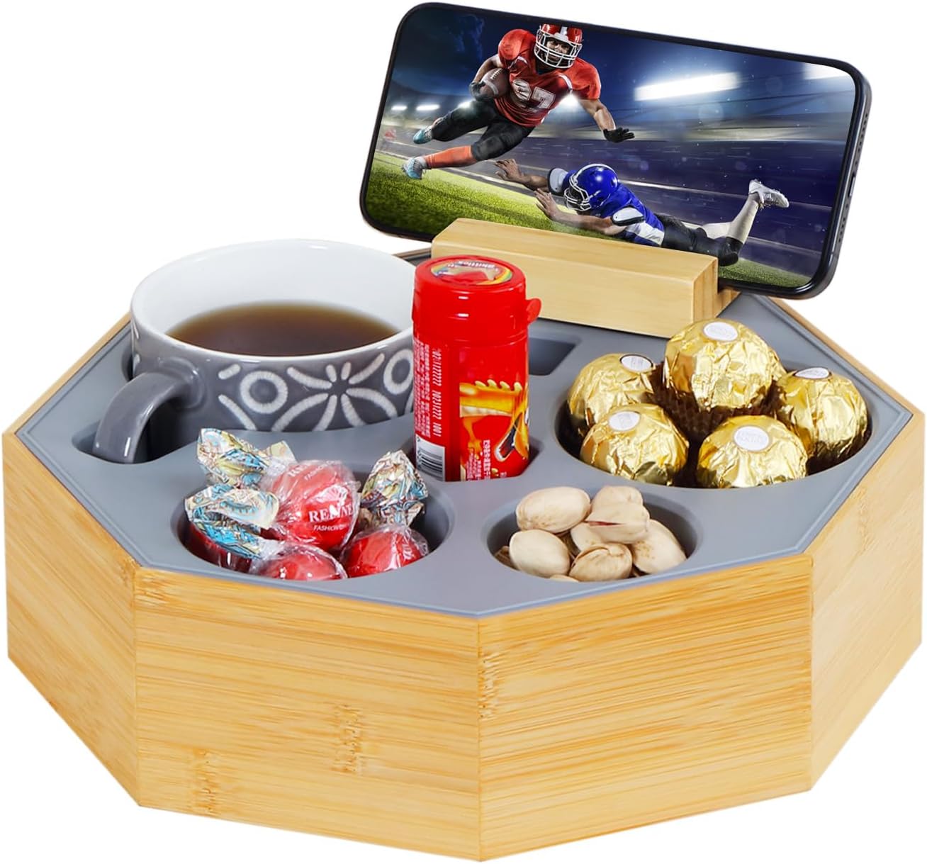 Couch Cup Holder Tray, Hitseon Octagonal Silicone Bamboo Sofa Cup Holder with Ro...