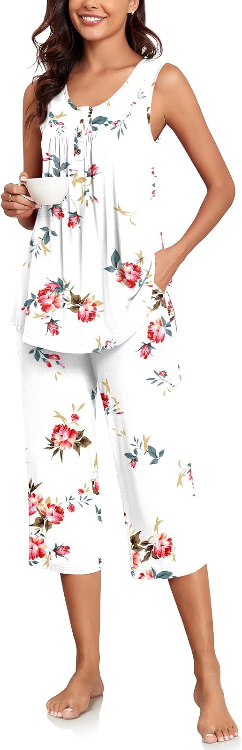 Bestbee Womens Sleeveless Pajama Sets 2 Piece Summer Lounge Outfits Henley Neck...