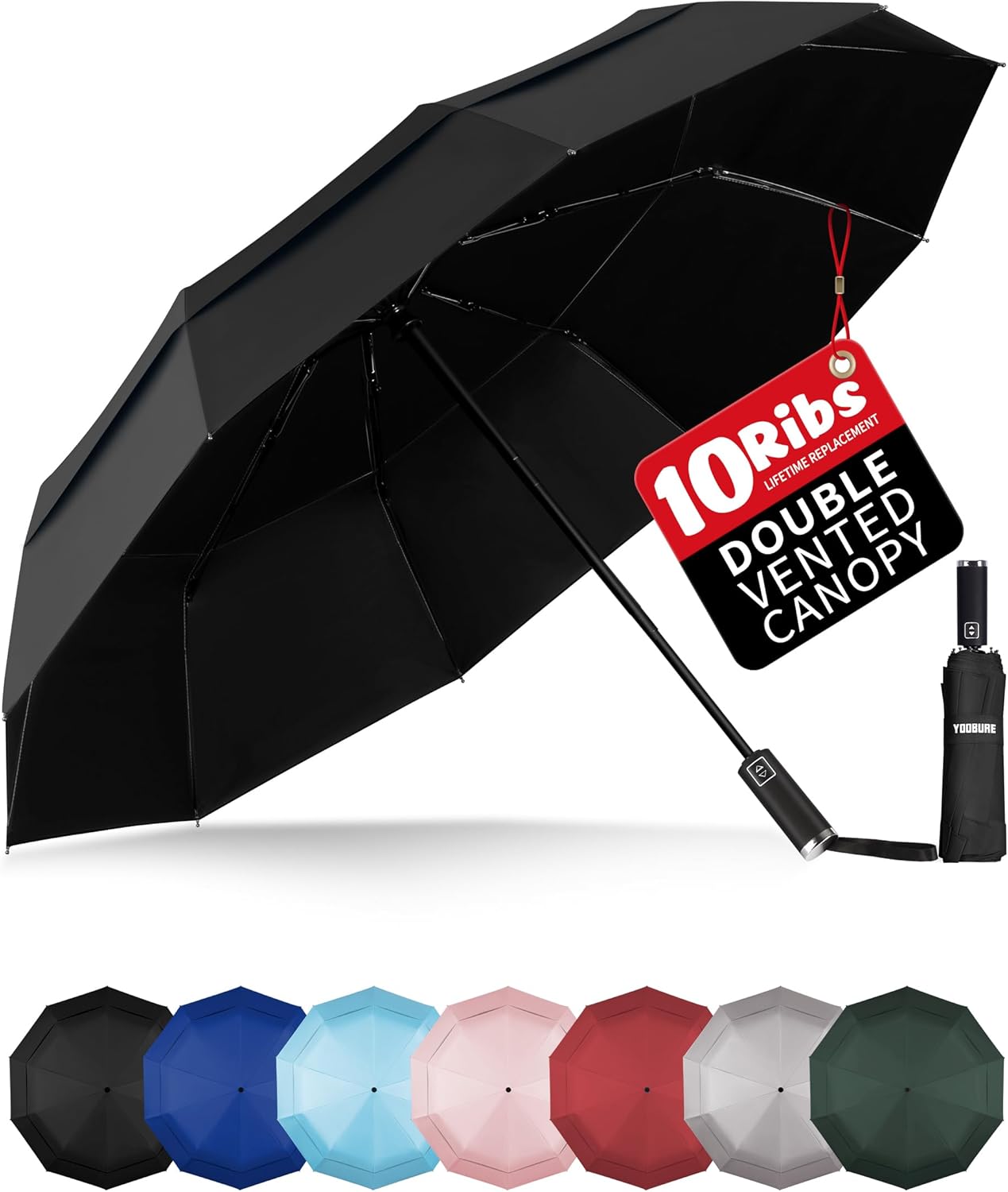 Yoobure Double Vented Canopy Travel Umbrella, Automatic Umbrellas for Rain, Wind...
