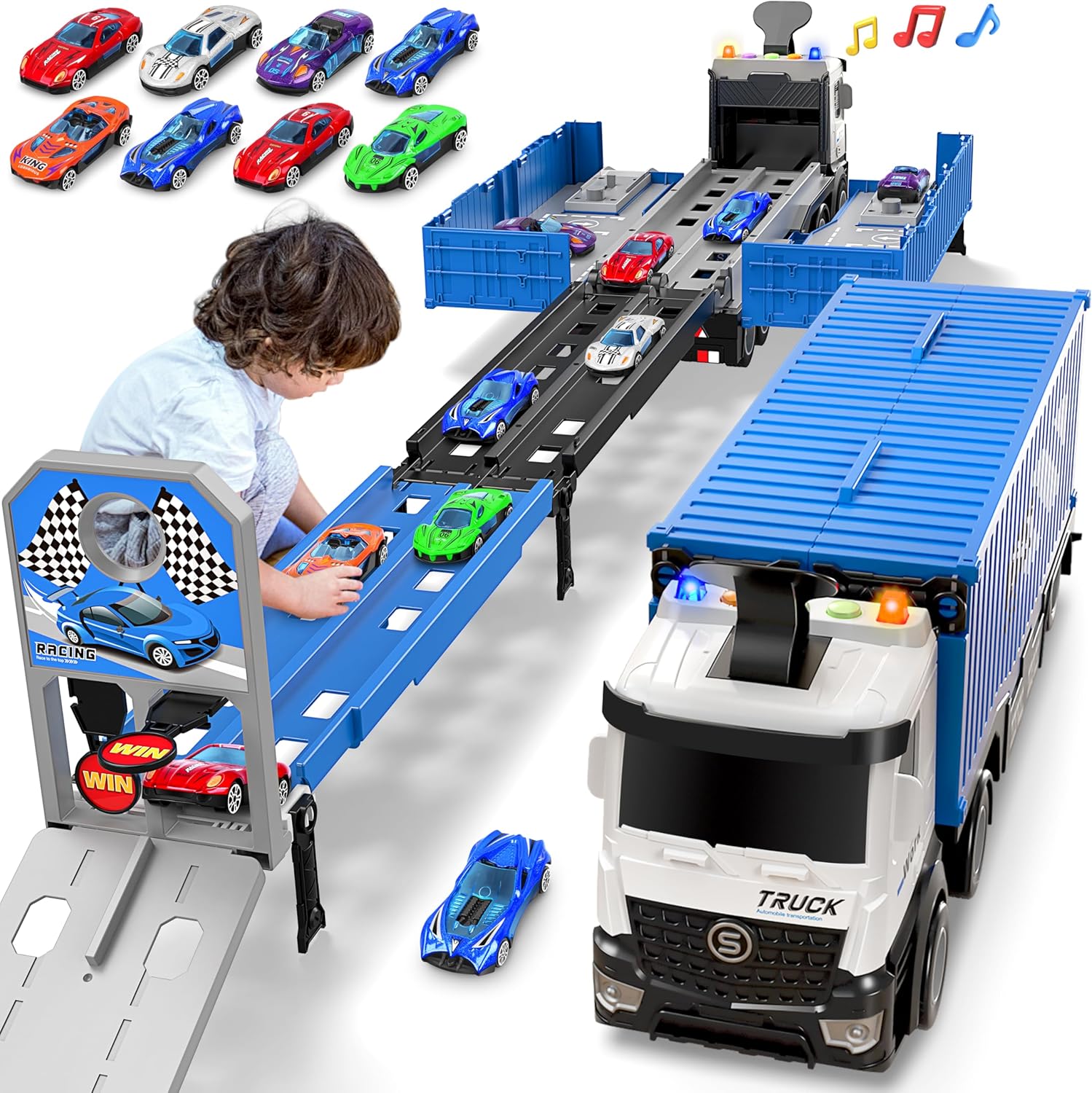Carrier Truck Race Track Toddlers Toys, Foldable 3 Layer Car Race Track Playset,...