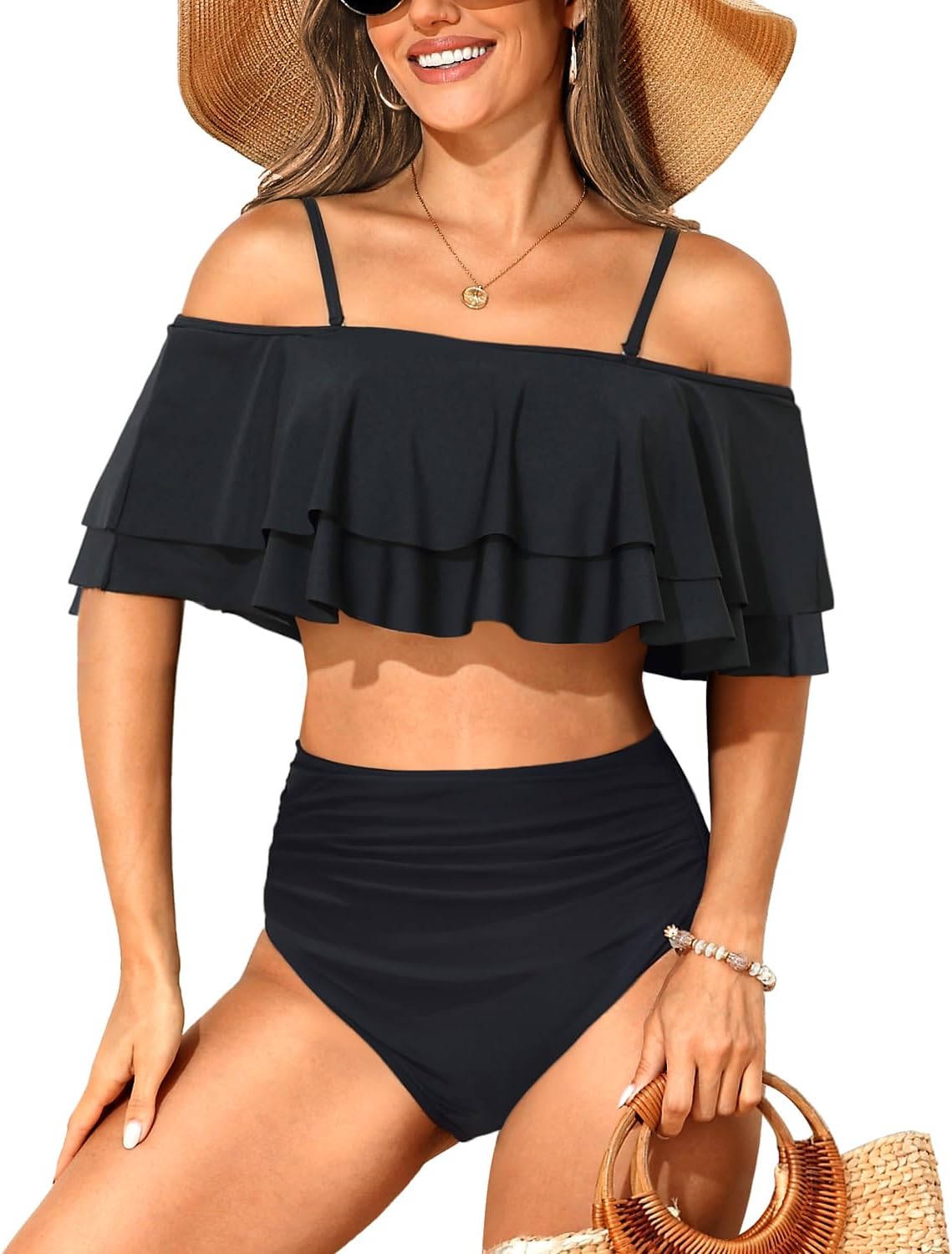 Tempt Me Women Two Piece High Waisted Bikini Set Swimsuit Off Shoulder Ruffle Ba...