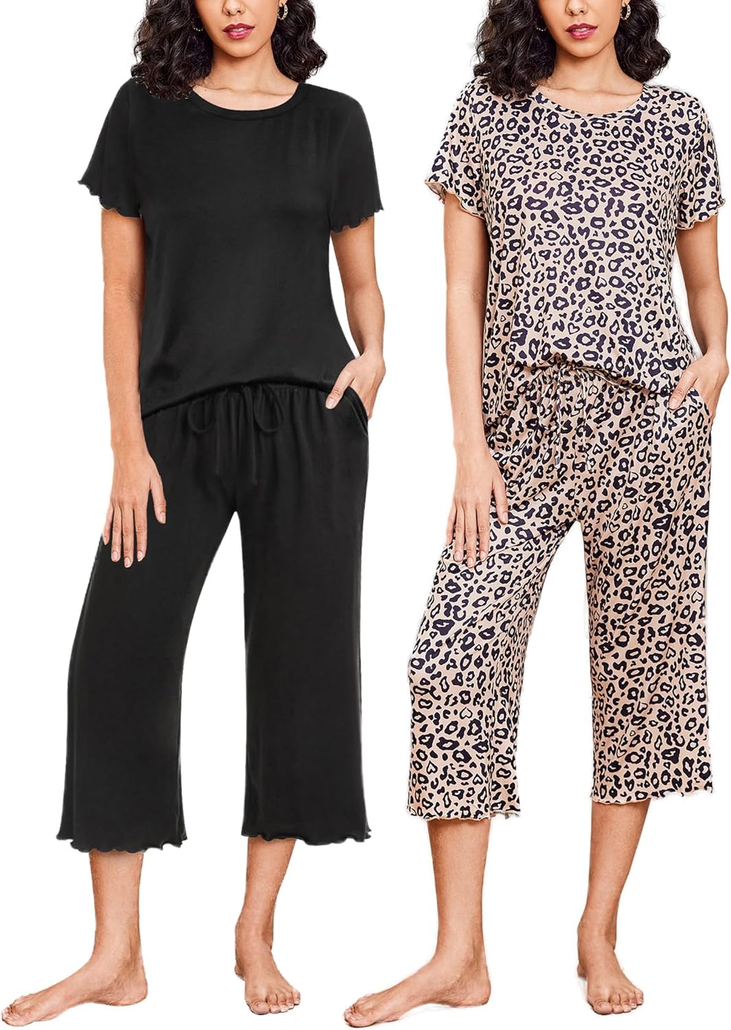 Ekouaer 2 Pack: Women's Pajamas Set Short Sleeve Sleepwear Capri Pants Pjs Sets...