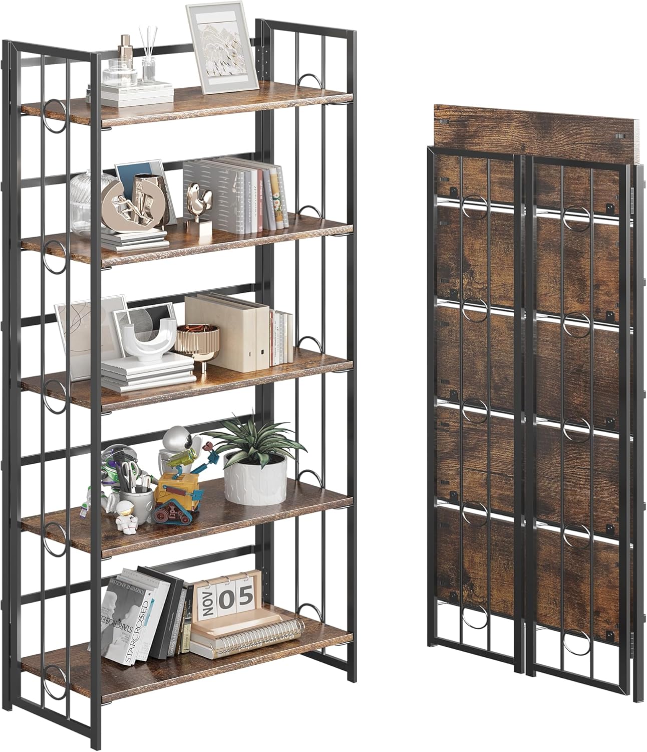 4NM No-Assembly 5 Tiers Folding Bookshelf Storage Shelves Vintage Bookcase Stand...