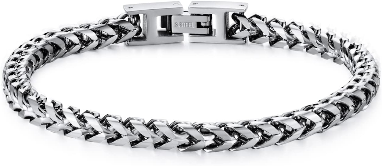 Mens Bracelet - Stainless Steel Fold Over Clasp Franco Chain Bracelets for Men J...