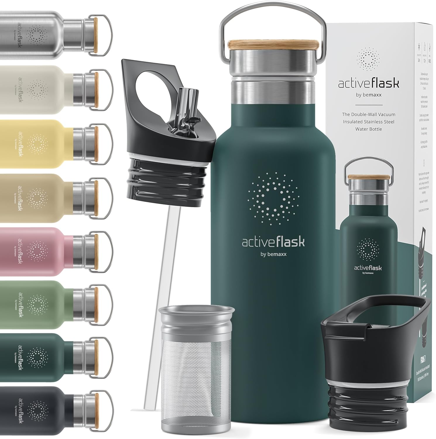 Stainless Steel Water Bottle with Straw, Infuser & 3 Lids: 1 & 0,5L Leak-Proof V...