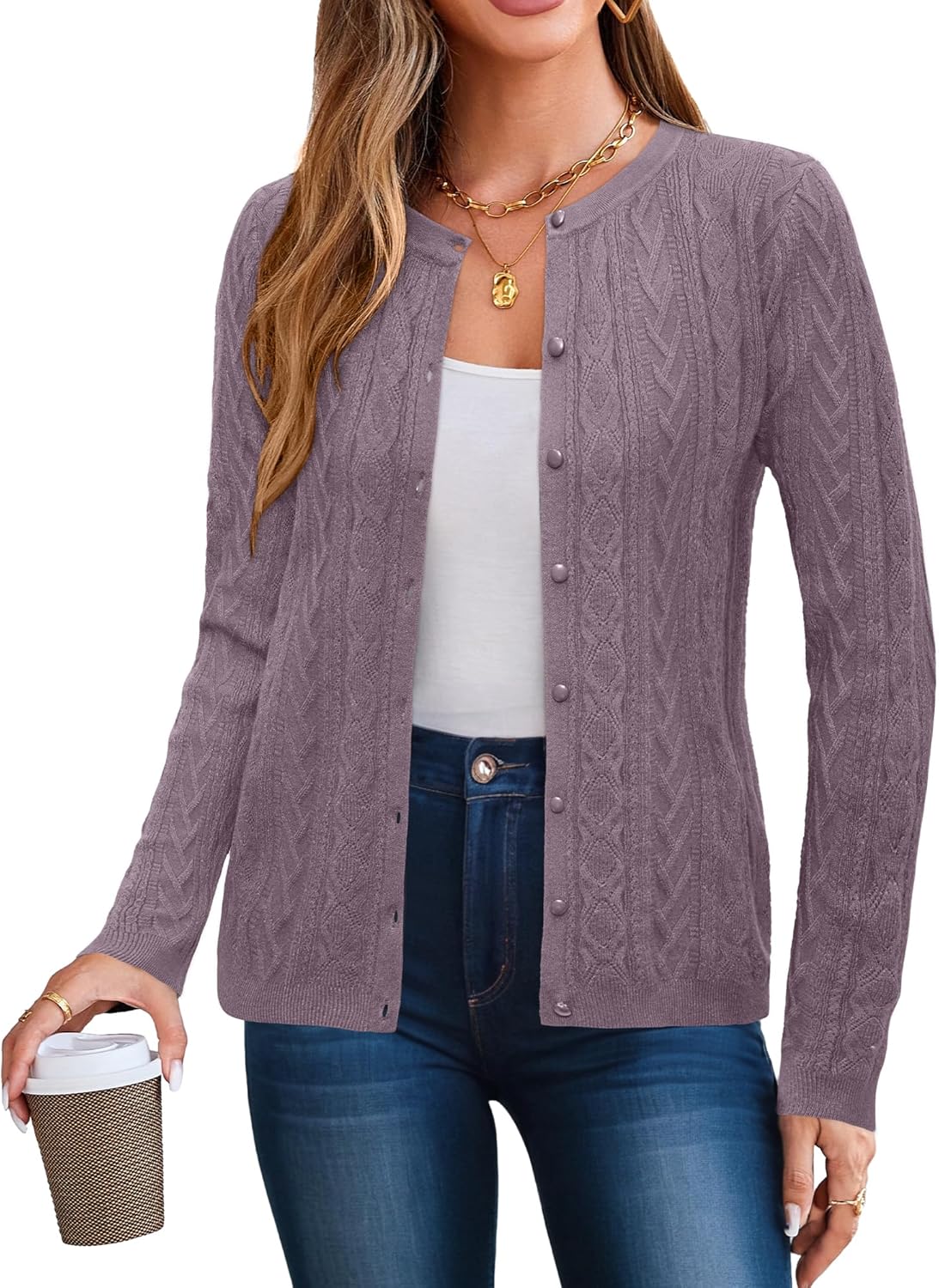 Arach&Cloz Womens 2025 Cable Knit Cardigan Long Sleeve Button Down Casual Sweate...