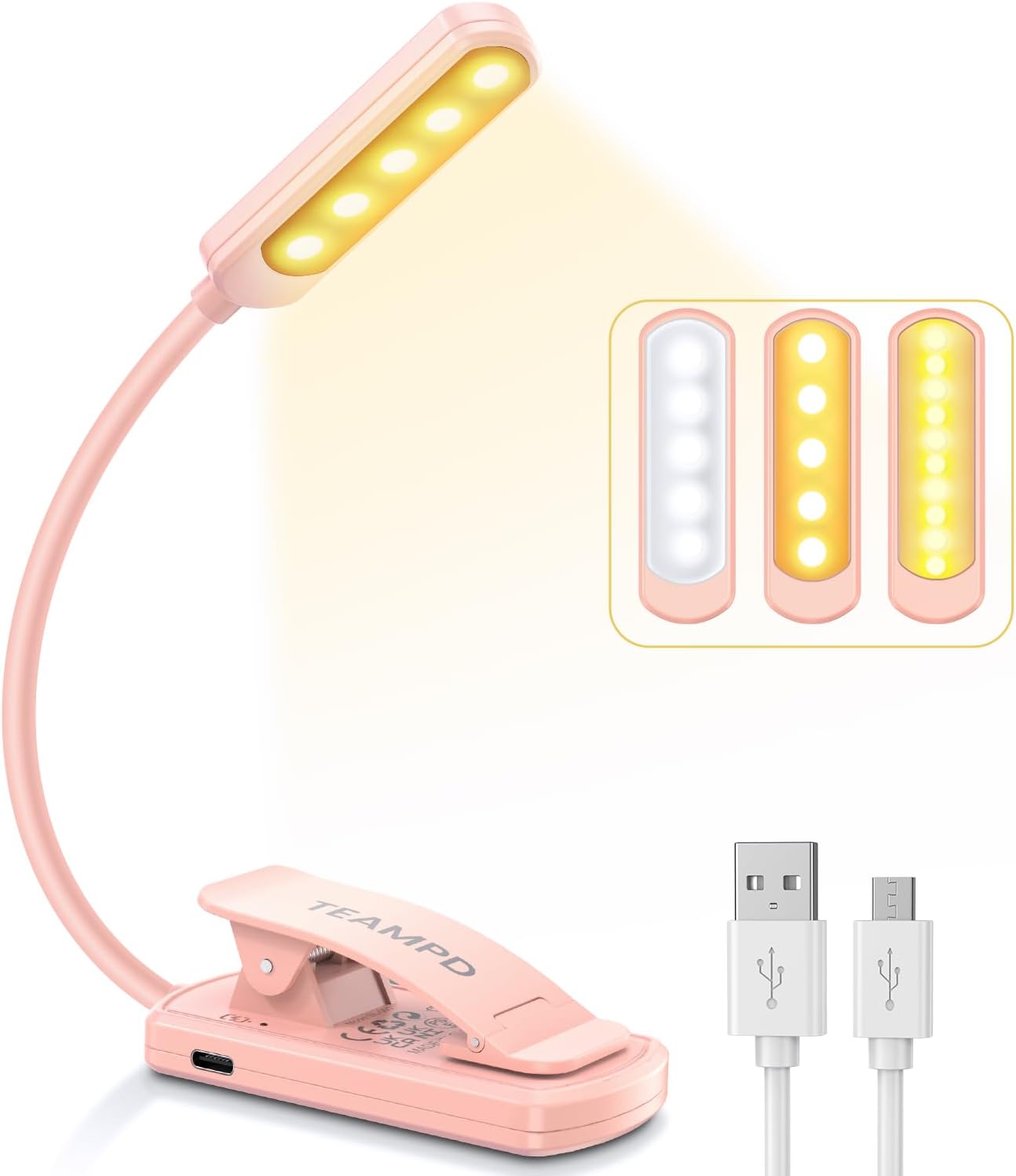 TEAMPD 10 LED Book Light, 3 Eye-Protecting Lightng Colours Reading Light, Adjust...